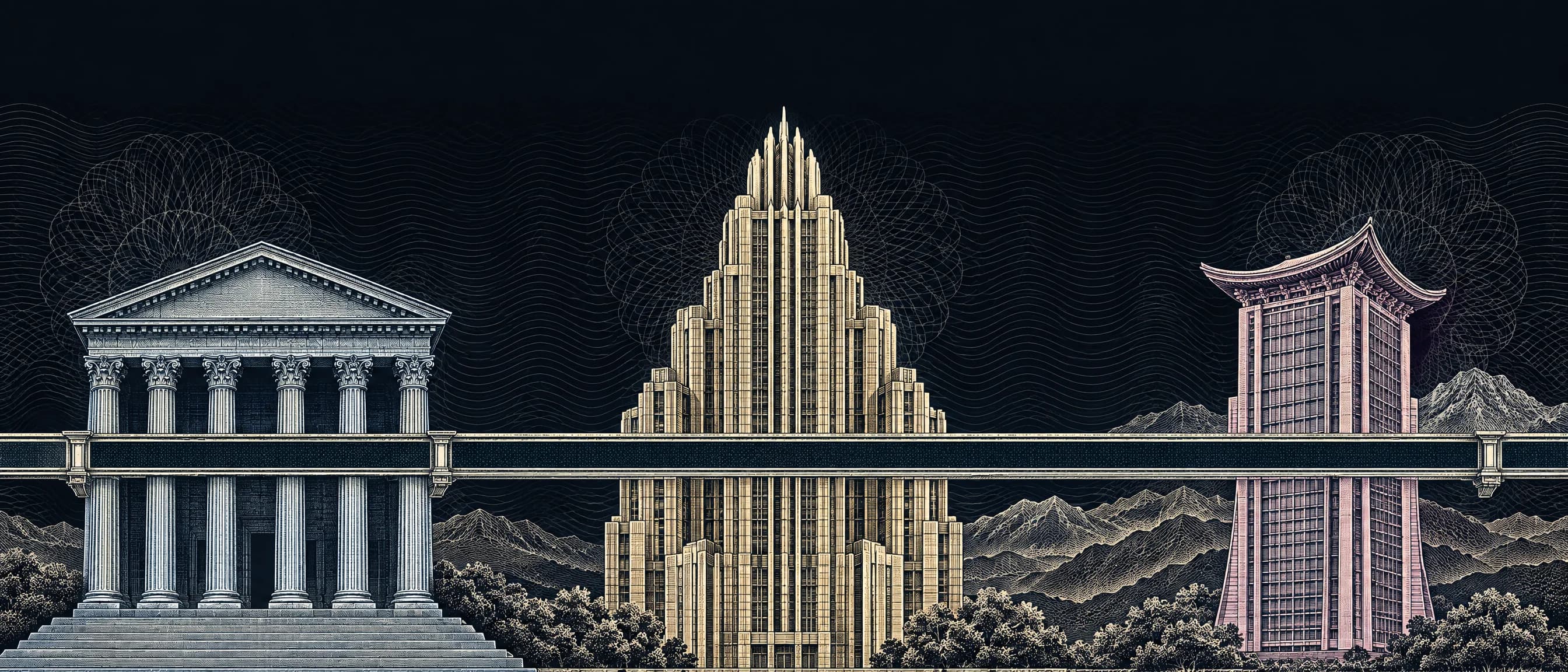 Engraving of three stock exchange buildings, a columned temple, an art-deco tower and a tower with a curved Korean roof, joined by one bridge.